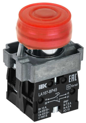 IEK Кнопка LA167-BP45 d=22мм 1з+1р красная