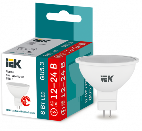 IEK Лампа светодиодная MR16 софит 8Вт 12-24В 4000К GU5,3